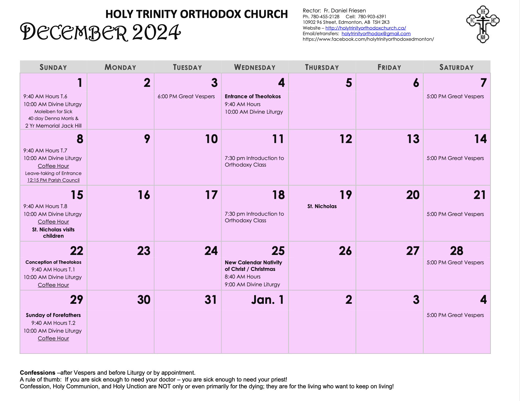 Holy Cross Orthodox Church December Calendar