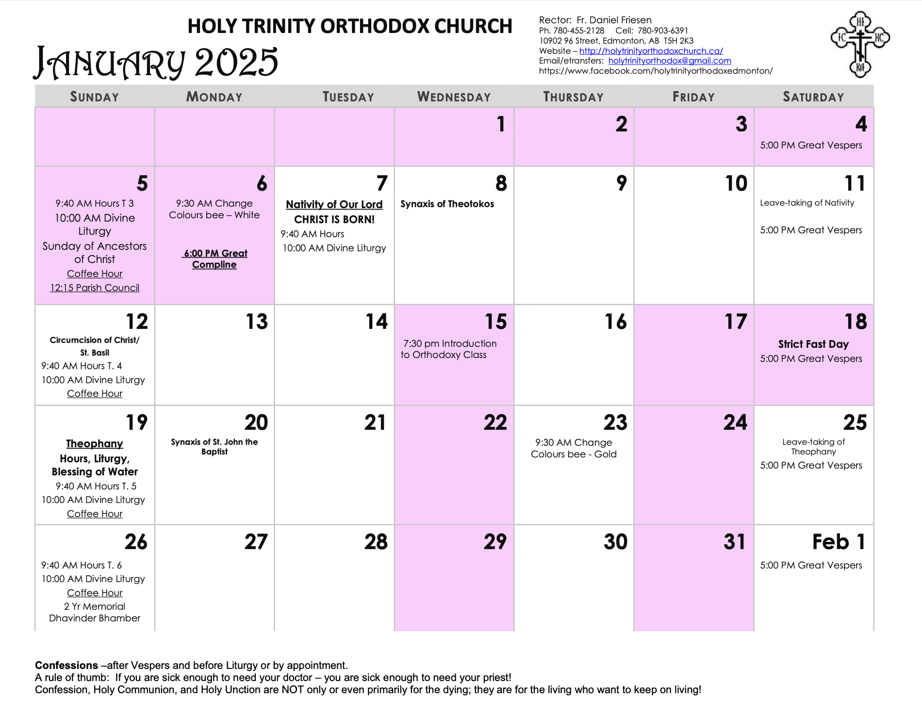 Holy Trinity Orthodox Church January Calendar