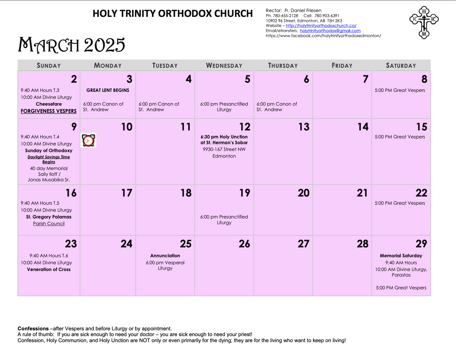 March Calendar dates and events for Holy Trinity Orthodox Church, Edmonton