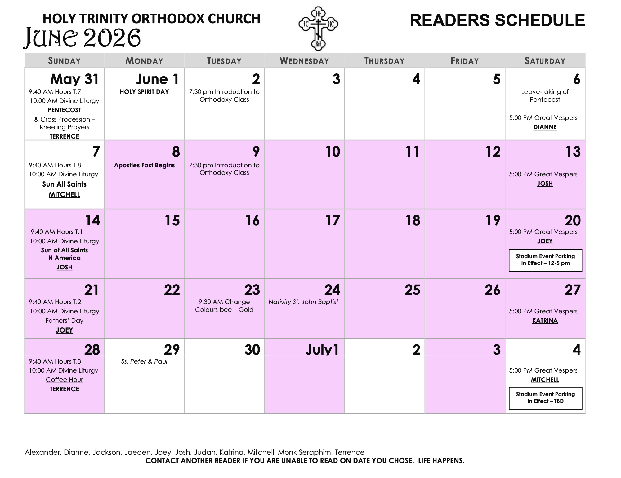 Holy Trinity Orthodox Church June Calendar